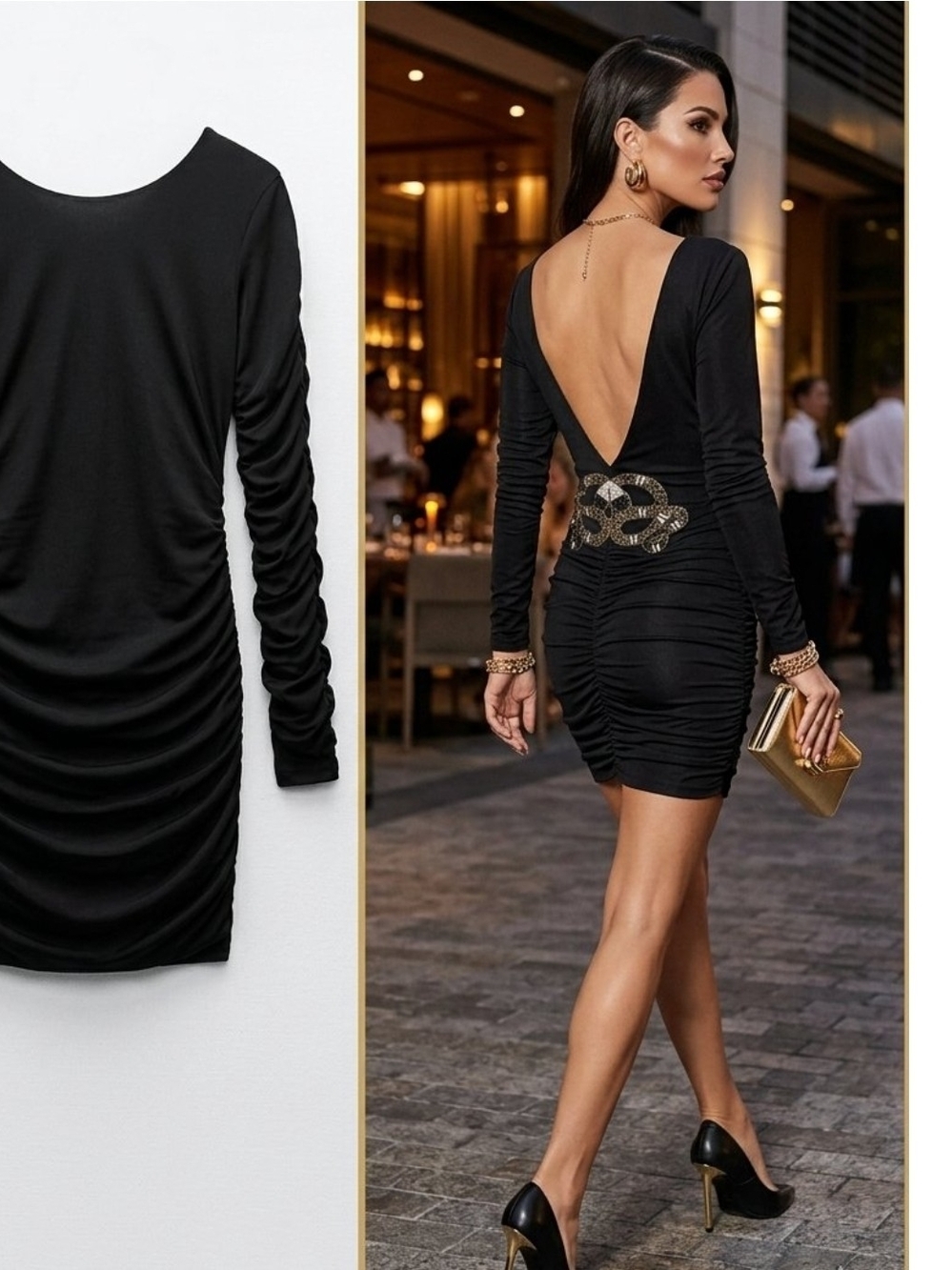 Carmen Steffens Black Ruched Open Back Bodycon Mini Dress Long Sleeve Size S